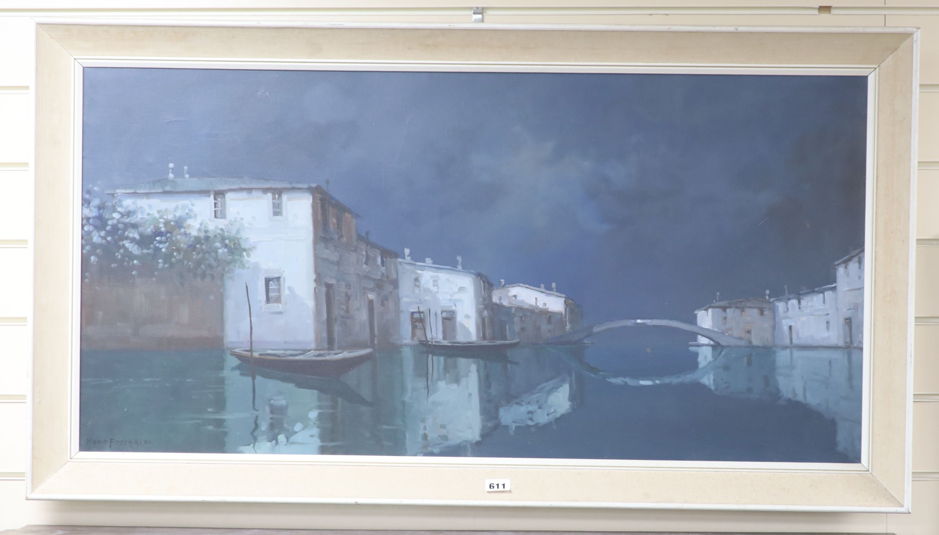 Mario Foscarini, oil on canvas, Moonlit Venetian canal scene, signed, 50 x 100cm